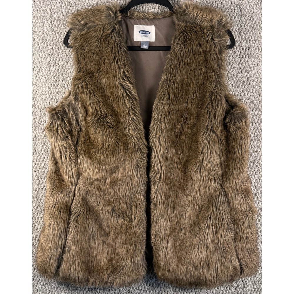 Old Navy Faux Fur Vest Large Brown Sleeveless Open Front Boho Winter Layering